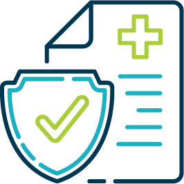 Blue shield with checkmark next to a document with a green cross, representing health insurance.