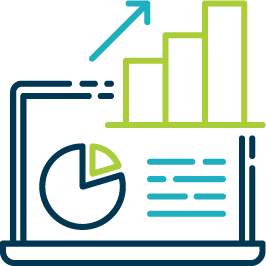 Laptop displaying charts, including a pie chart and bar graph, with an upward-pointing arrow.
