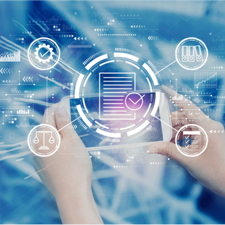 Hands holding smartphone showing a document with a checkmark, surrounded by icons.