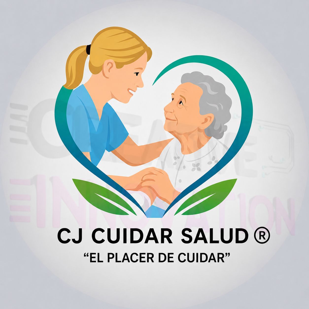 Una enfermera consuela a una persona mayor, ambas dentro de un marco con forma de corazón. El texto dice