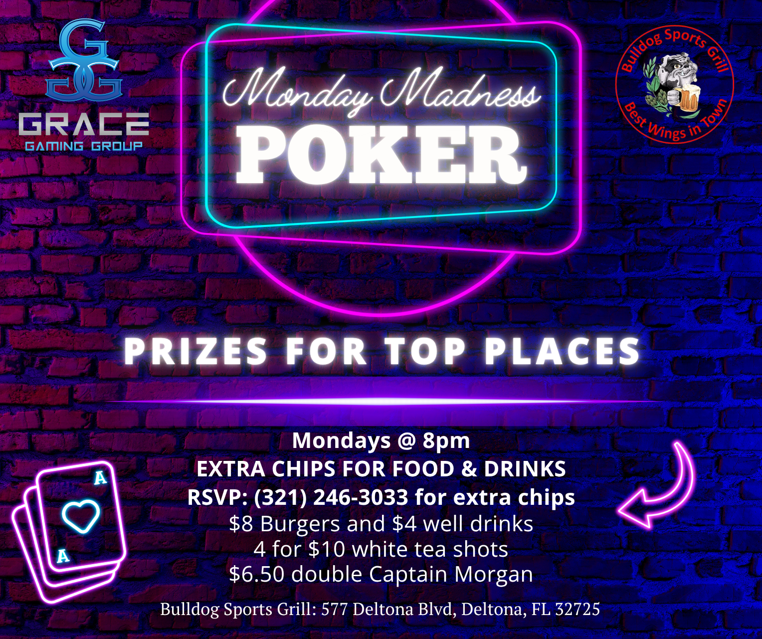 Poker night flyer at Bulldog Sports Grill, Deltona, FL. Neon sign with Monday Madness Poker, prizes, food/drink specials.
