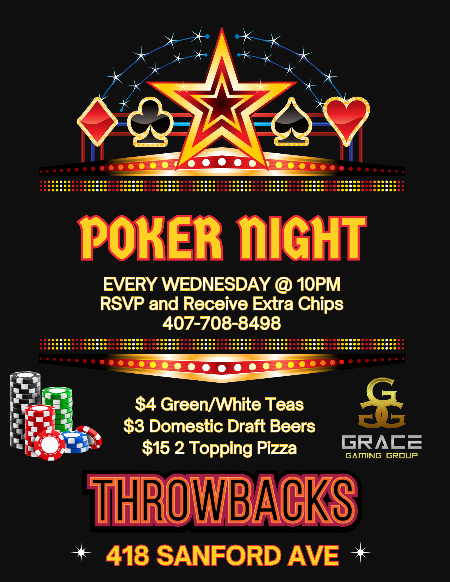 A poster for a poker night at throwbacks on 418 sanford ave