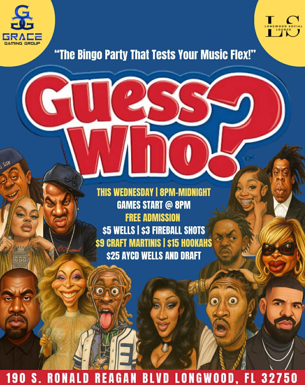 Music Bingo flyer: Thursdays at 8 pm. Food and drink specials. Location: 190 S Ronald Reagan Blvd, Longwood, FL.