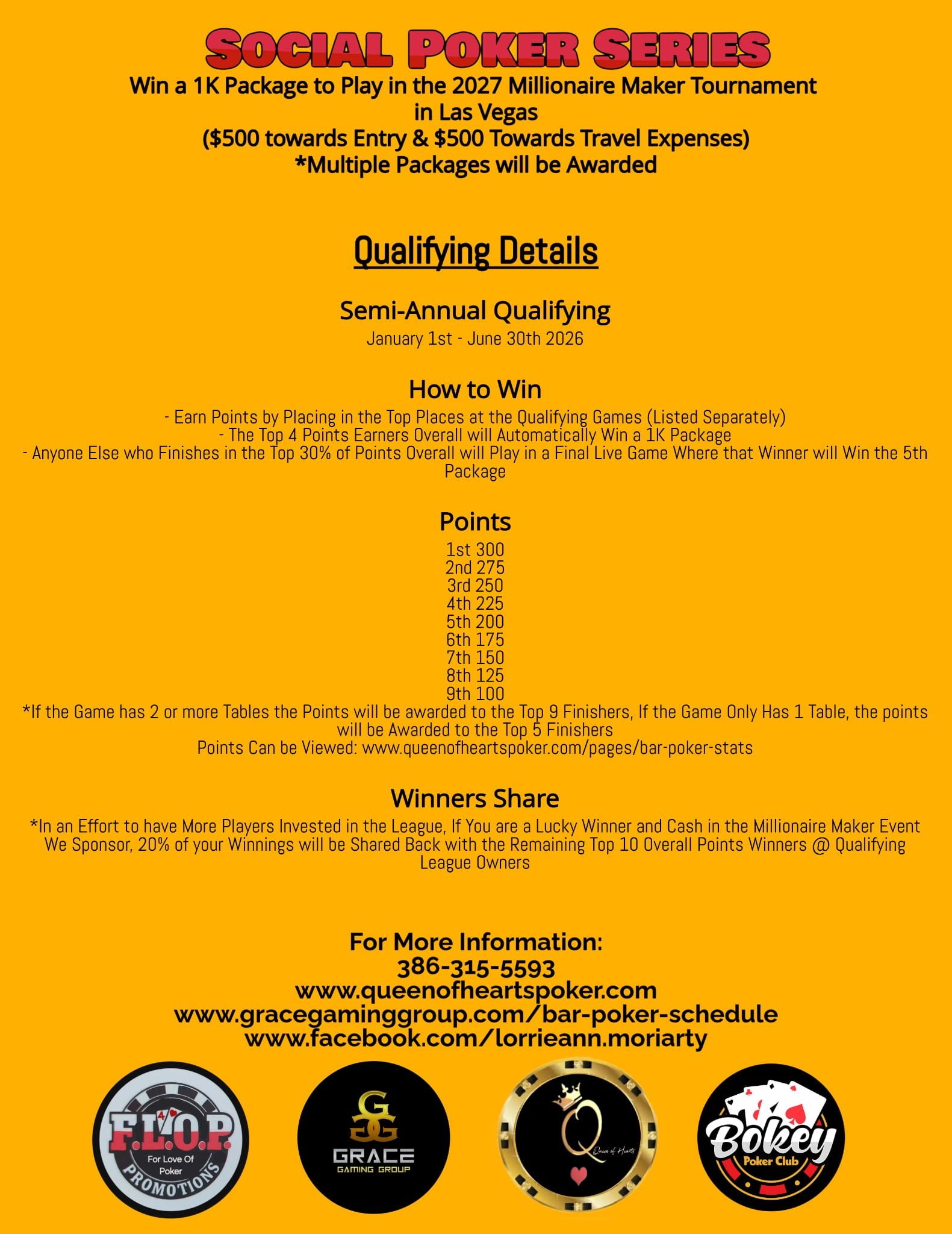 Yellow flyer promoting a Social Poker Series with details about qualifying, prizes, and contact info.