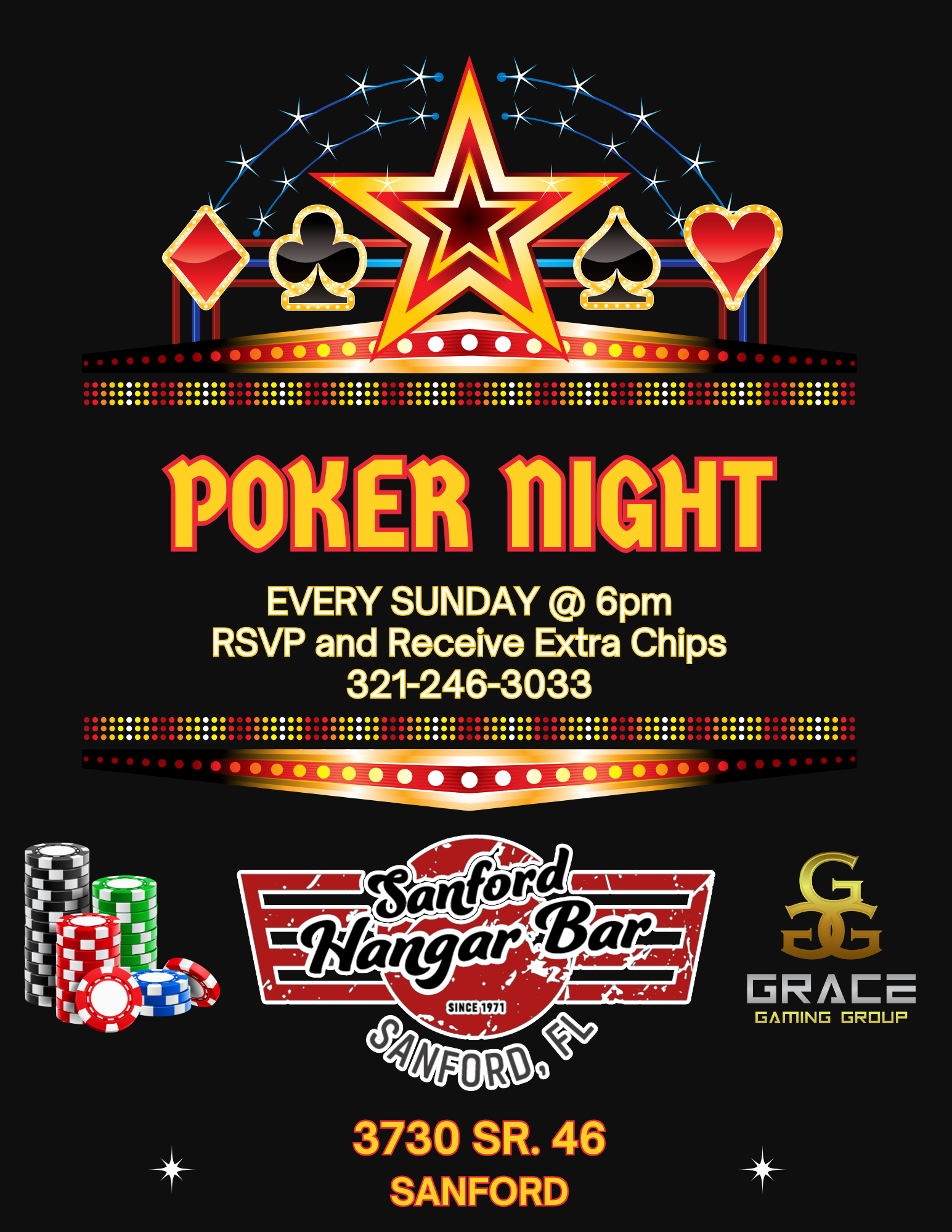 A poster for a poker night at throwbacks on 418 sanford ave