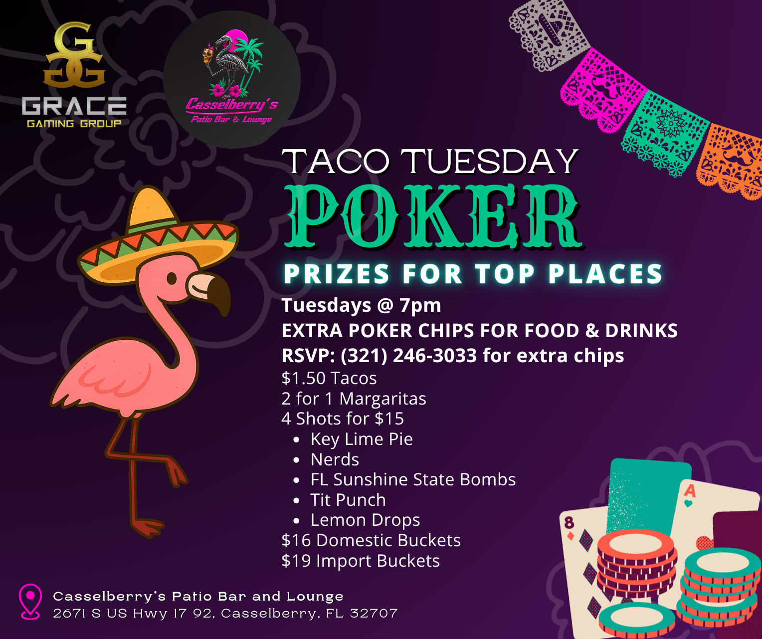 Taco Tuesday poker night flyer with flamingo in sombrero. Prizes, food/drink specials listed; Tuesdays @ 7pm, Casselberry’s Bar.