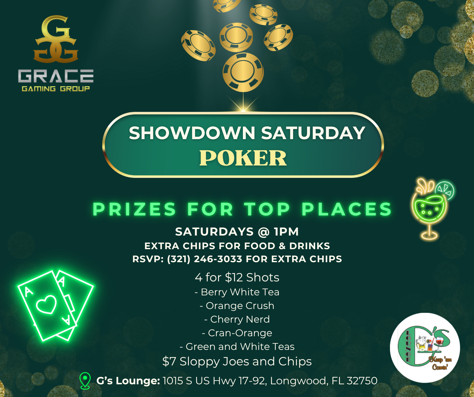 Poker night advertisement with green and gold accents. Shows poker chips, cocktail, and food deals.