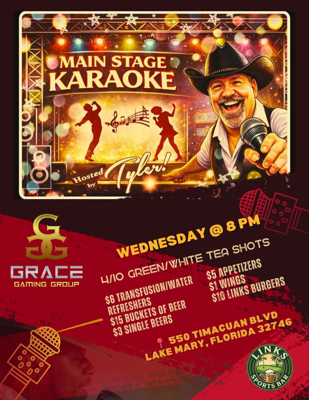 Karaoke night flyer with cowboy singer, red-gold stage lights, and event details for Wednesday 8 PM at Grace Gaming Group