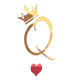 A gold queen of hearts with a crown and a red heart.