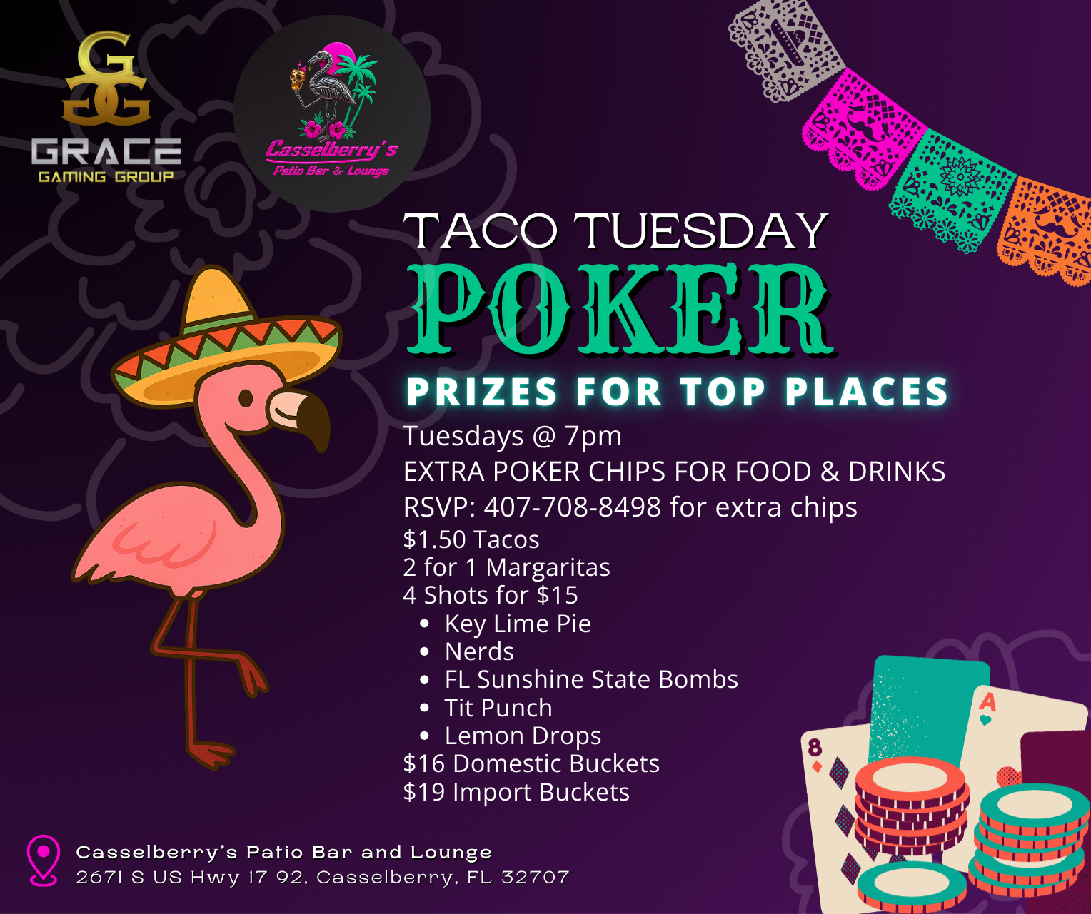 An advertisement for taco tuesday poker with a picture of tacos