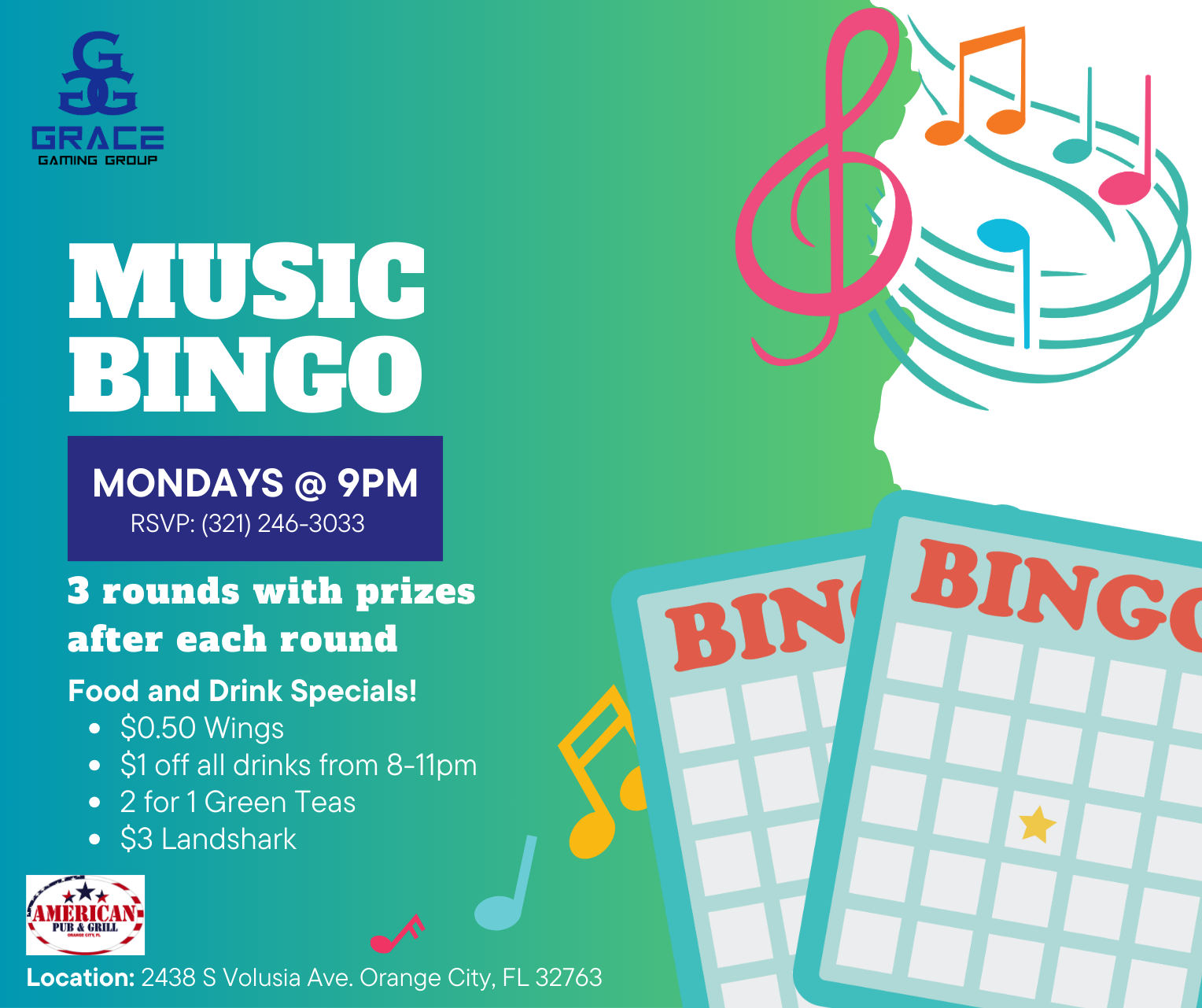 Music Bingo flyer. Mondays at 9PM. Food and drink specials. RSVP (376) 246-3000.  Orange City, FL.