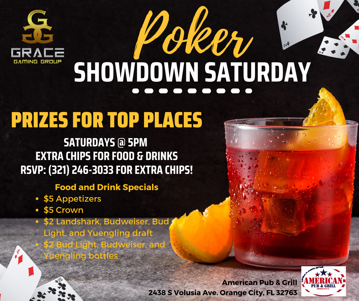 Music Bingo flyer: Mondays at 9PM with prizes. Food and drink specials. Located in Orange City, FL.