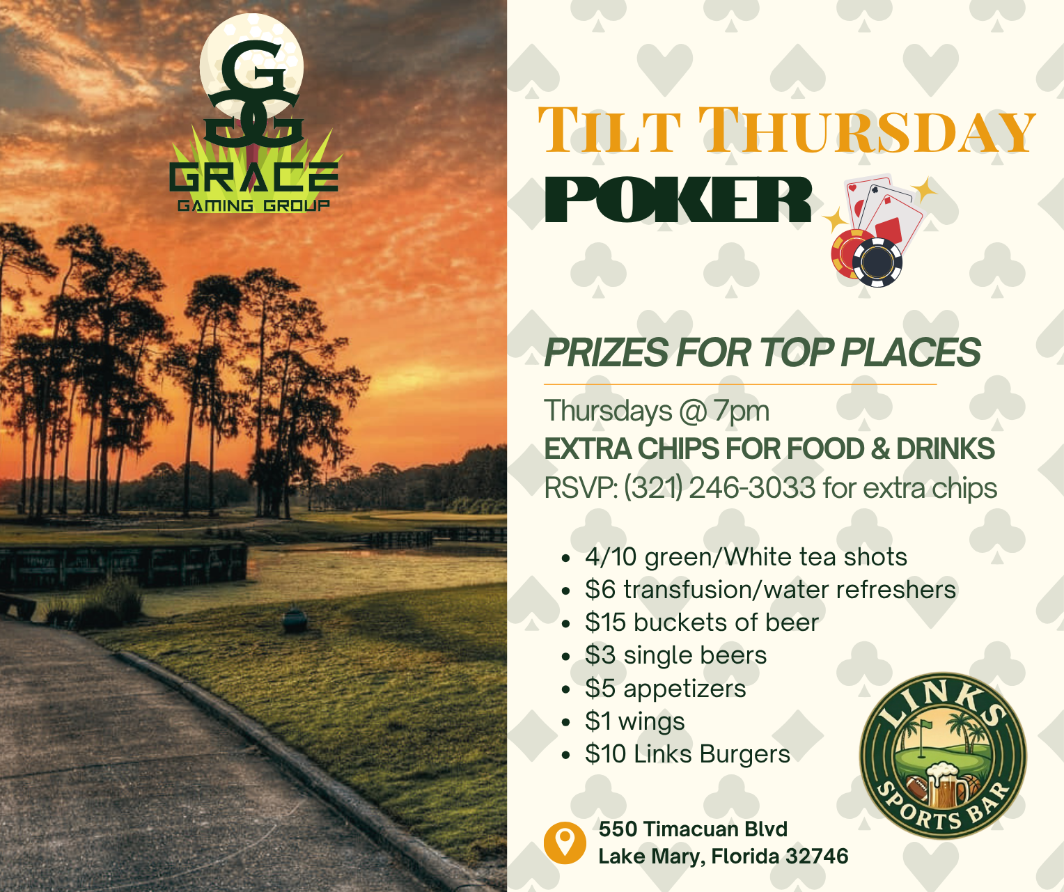 Tilt Thursday poker flyer with prizes, cash games, drink specials, and a sunset road photo background.