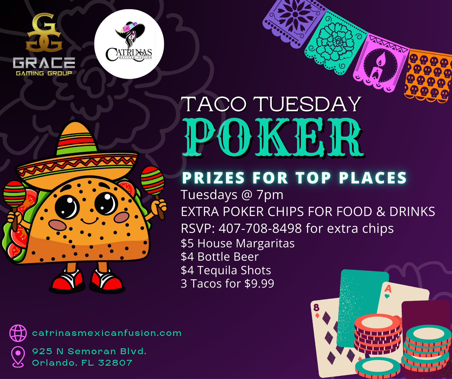 An advertisement for taco tuesday poker with a picture of tacos
