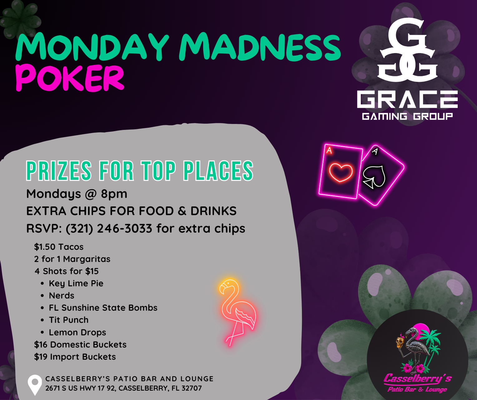 Taco Tuesday poker night flyer with flamingo in sombrero. Prizes, food/drink specials, and RSVP info.