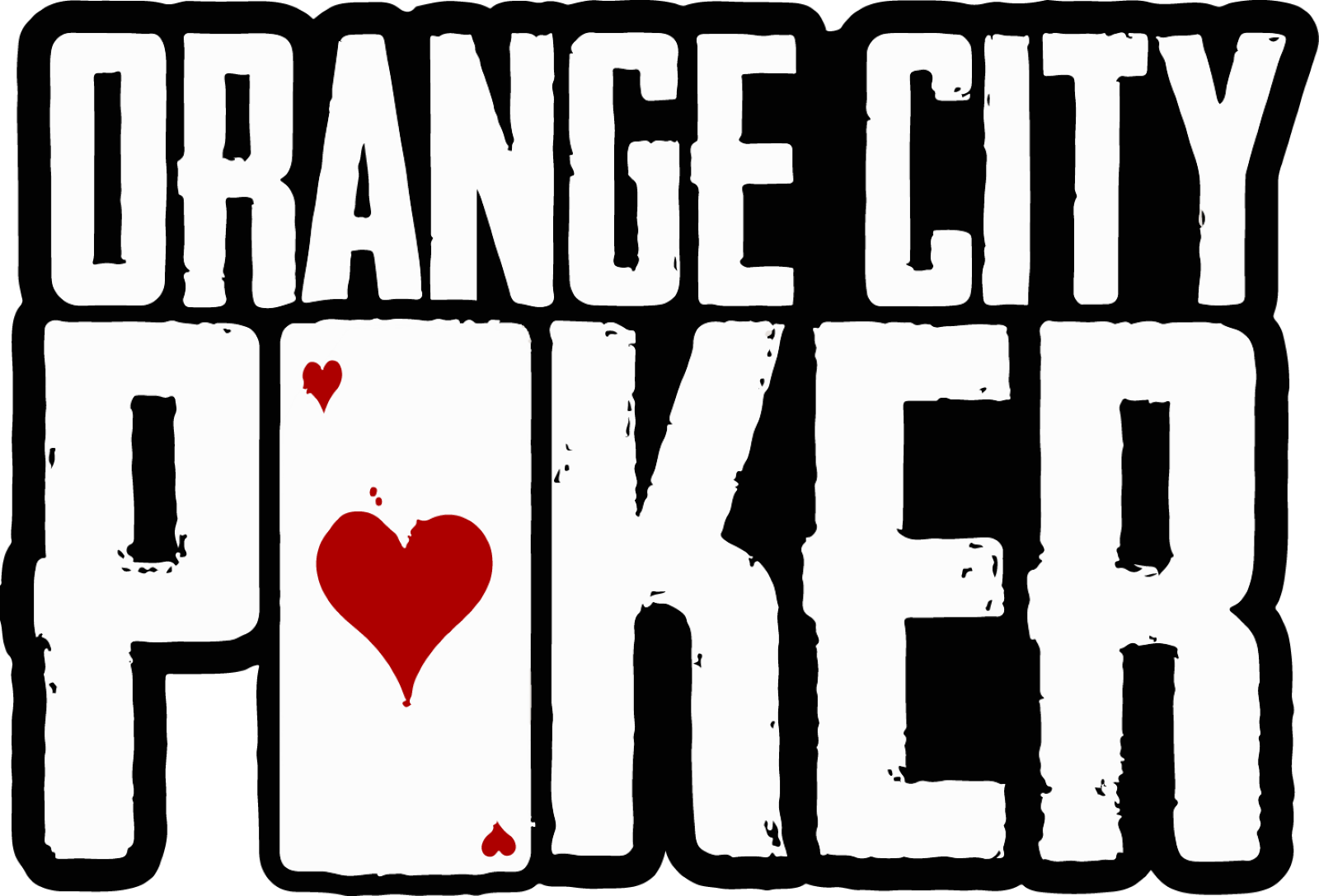The logo for orange city poker has a red heart on it.
