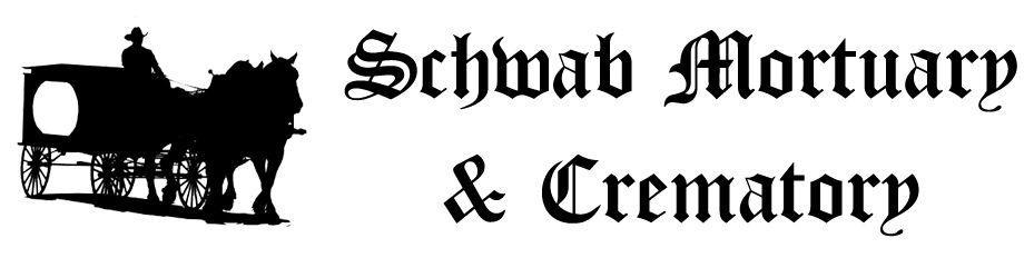 Black silhouette of a horse-drawn hearse with text 