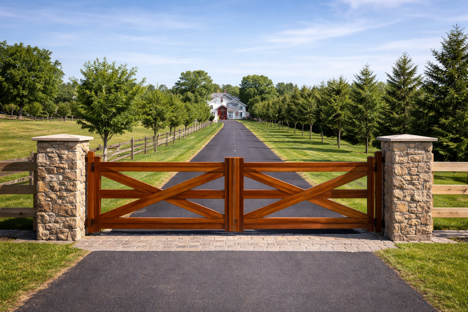 Wooden entrance gate with stone pillars at the start of a paved driveway leading to a white house surrounded by trees.