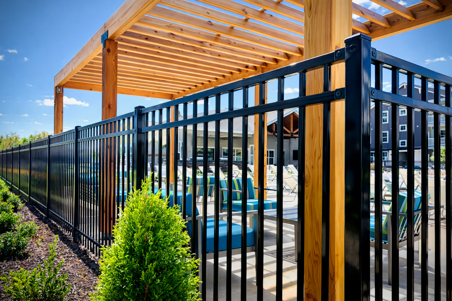 A black metal fence surrounds a patio area with blue chairs under a wooden pergola on a sunny day.