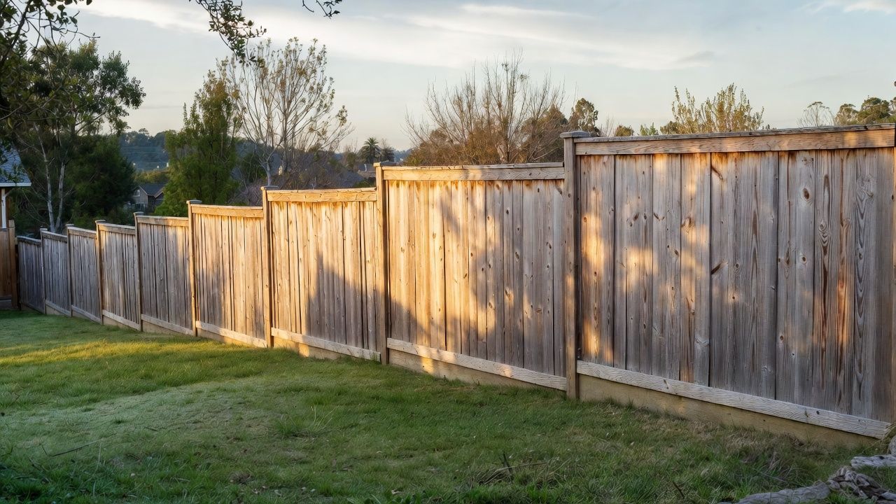 Wooden fence in a backyard, lit by sunlight. Green grass in the foreground, trees in the background.