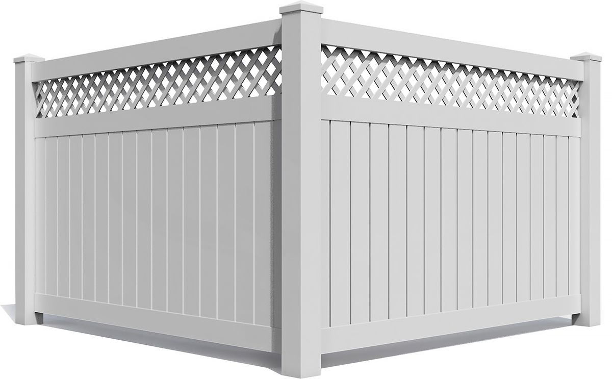 A white fence with a lattice design on the top of it.