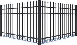 A black metal fence with spikes on a white background.