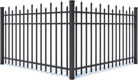 A wooden fence , a white fence , a black fence , and a chain link fence.
