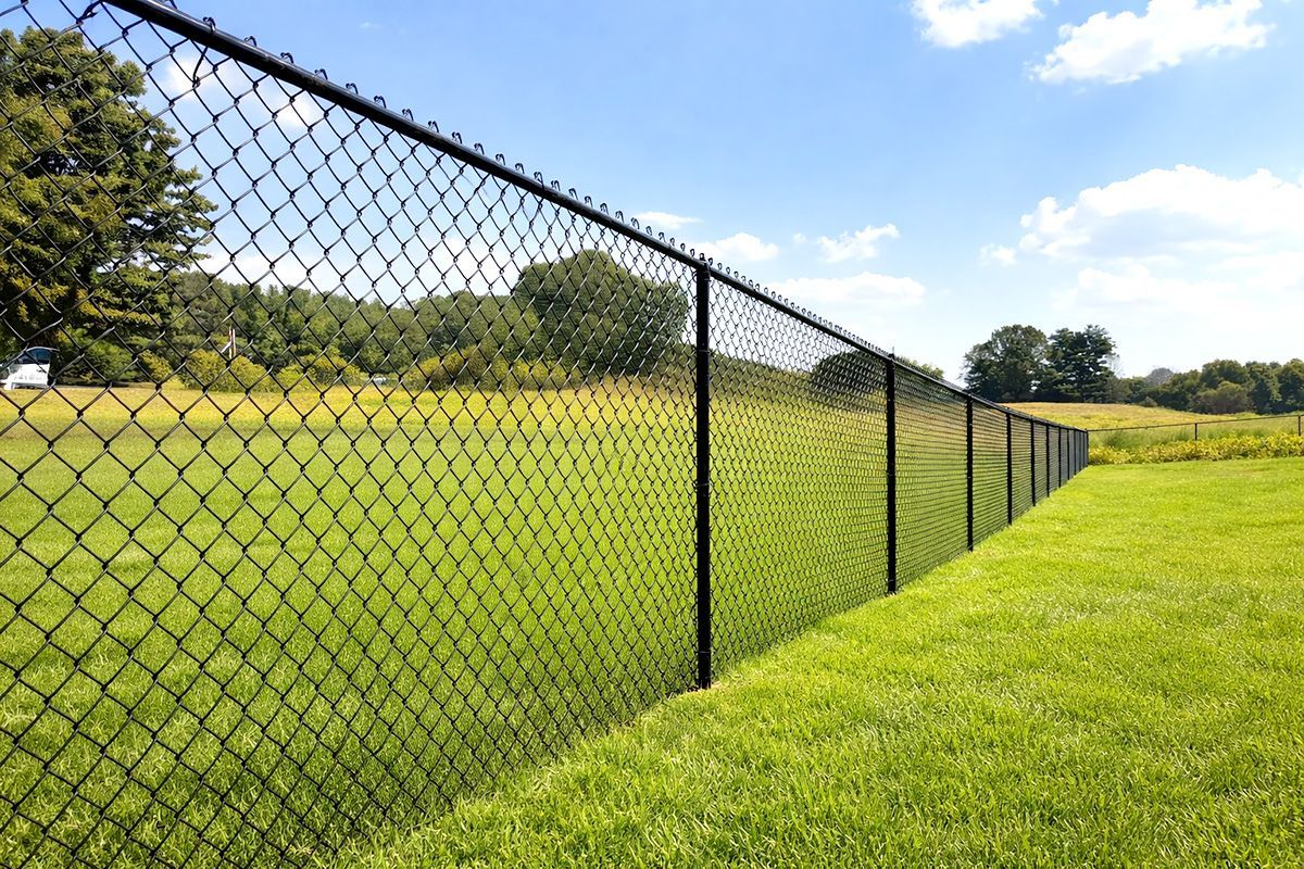 A chain link fence with a gate on a white background.