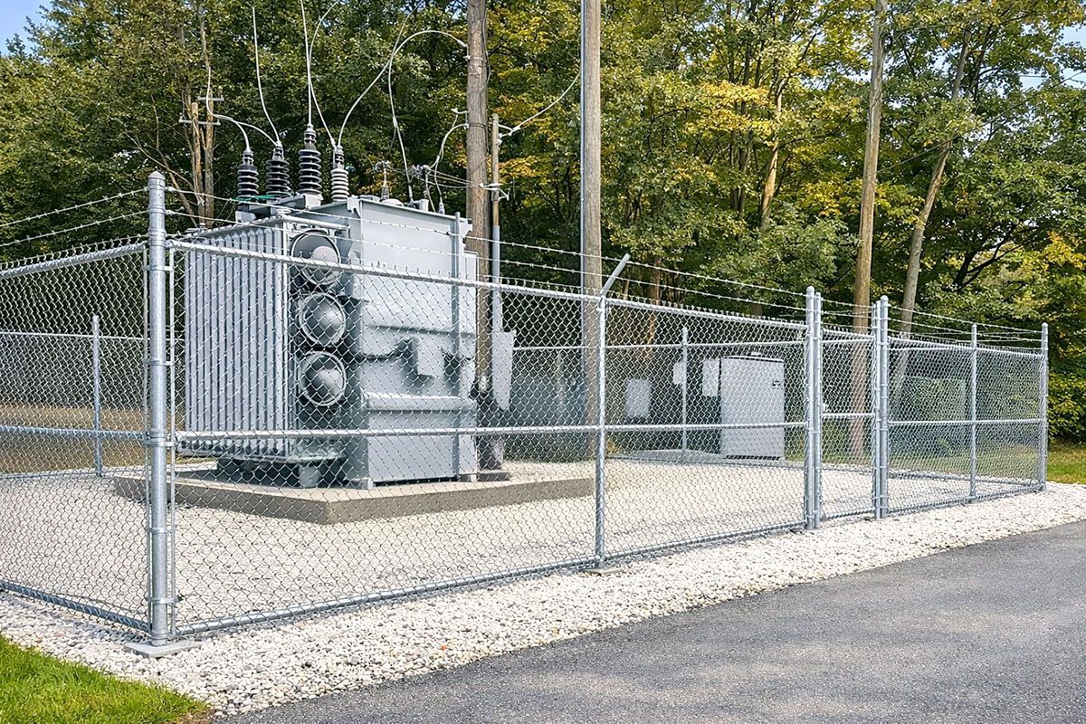 A chain link fence with a gate on a white background.