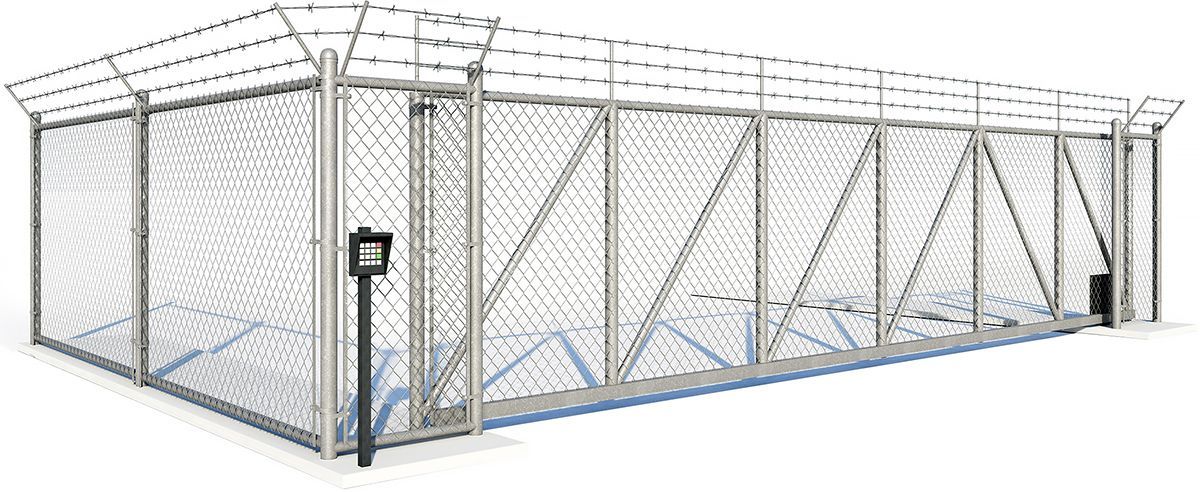 A chain link fence with a gate on a white background.