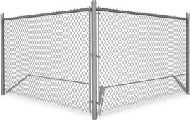 A chain link fence with a gate on a white background.