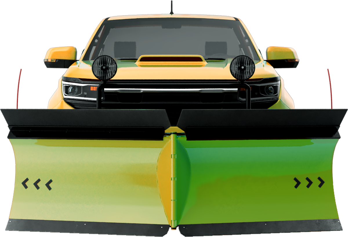 A yellow truck with two snow plows attached to the front of it.