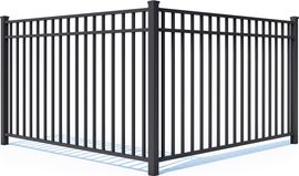 A black metal fence with a shadow on a white background.