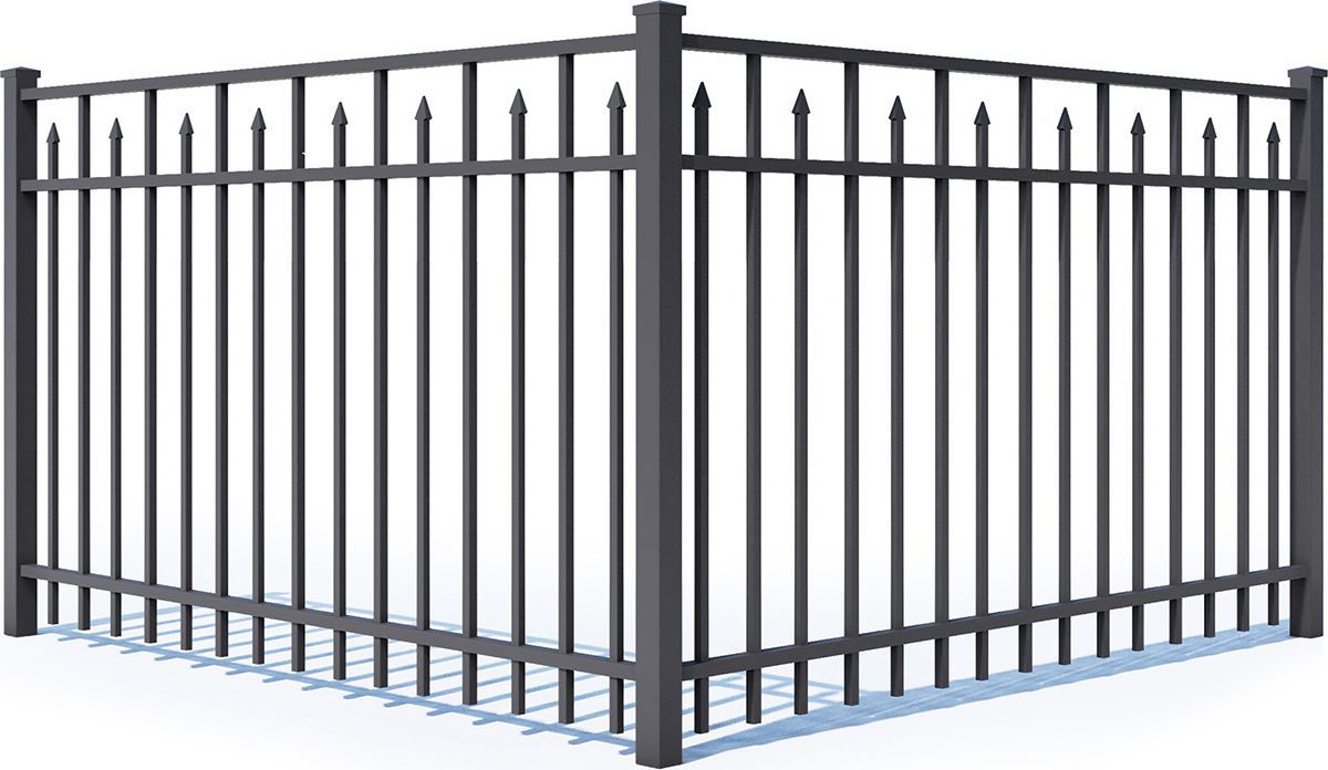A black metal fence with a shadow on a white background.