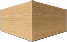 The corner of a wooden building with a white background