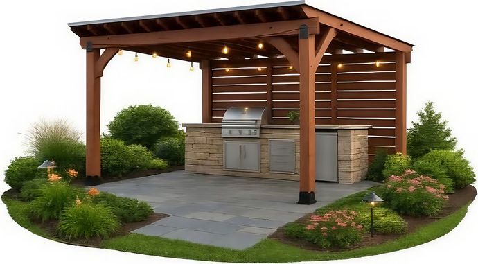 A wooden pergola with a grill underneath it