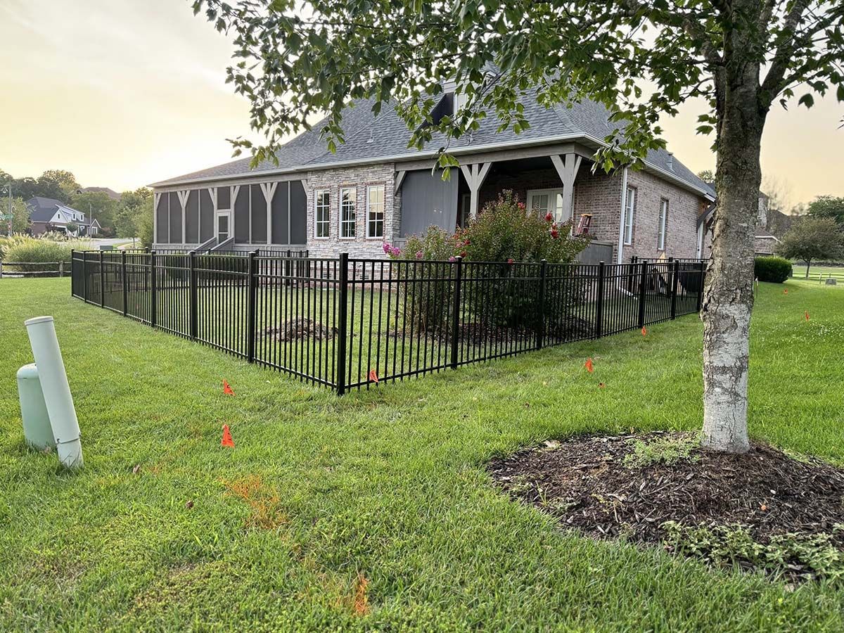 A house with a fence around it and a tree in front of it.