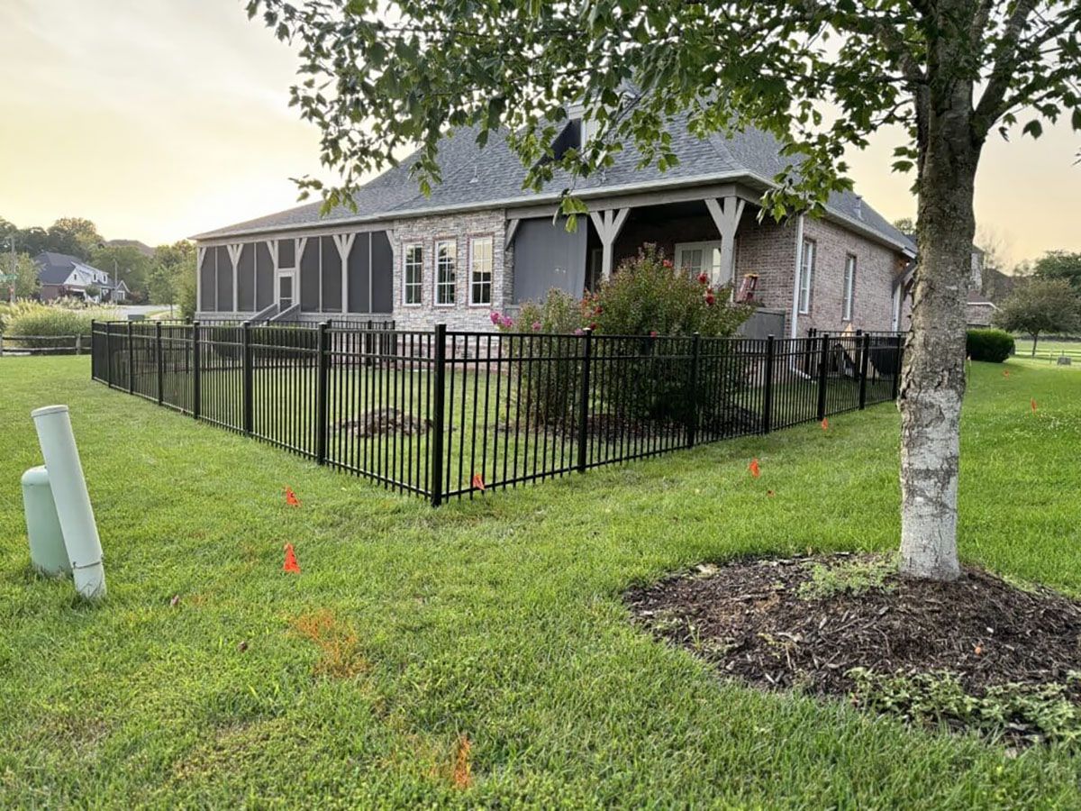 A house with a fence around it and a tree in front of it.