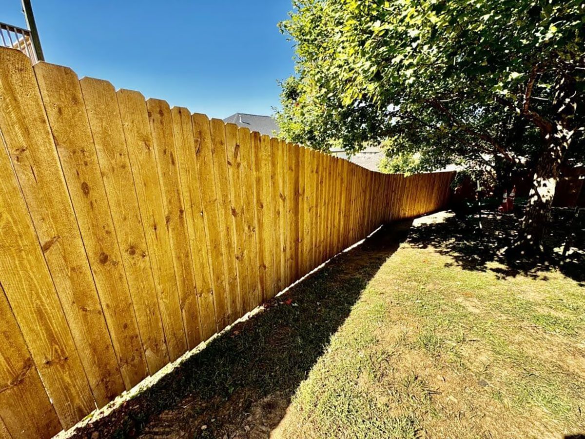 A wooden fence is surrounded by grass and trees in a backyard.