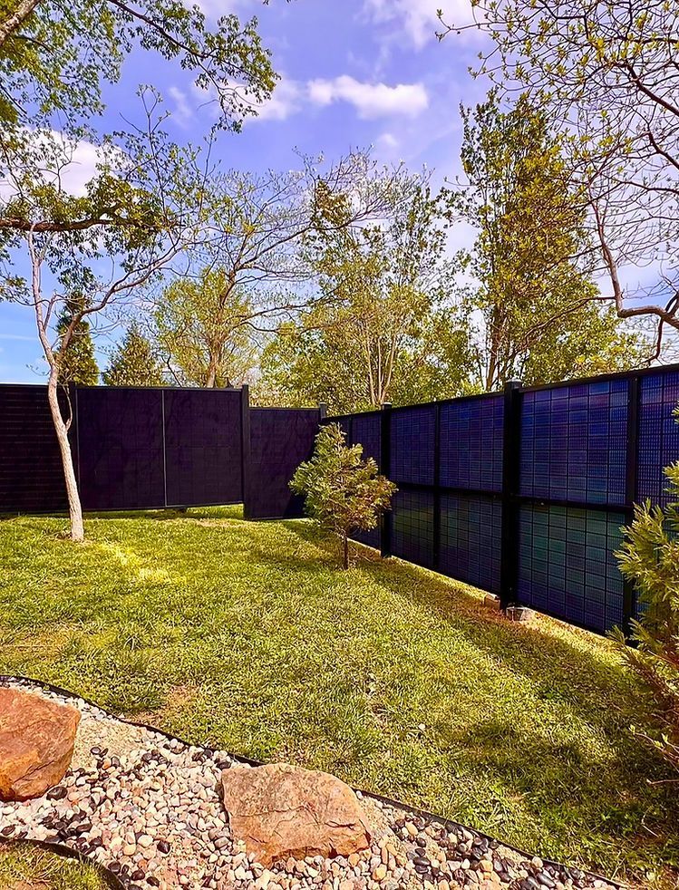 A black fence surrounds a lush green field with trees in the background.