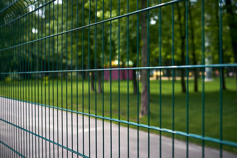 A green wire fence surrounds a park with trees in the background.