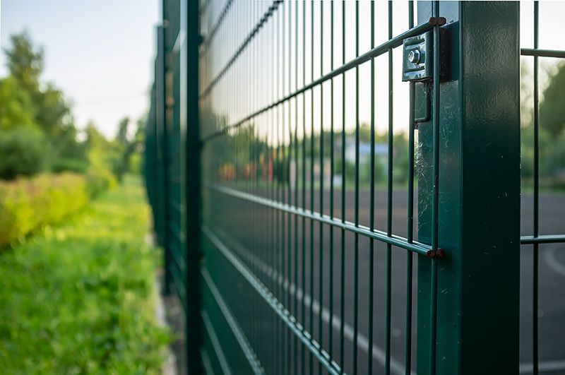 A close up of a green wire fence with trees in the background.