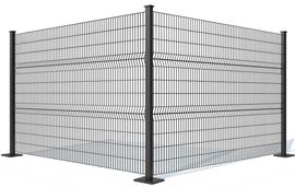 A black metal fence is sitting on top of a white surface.