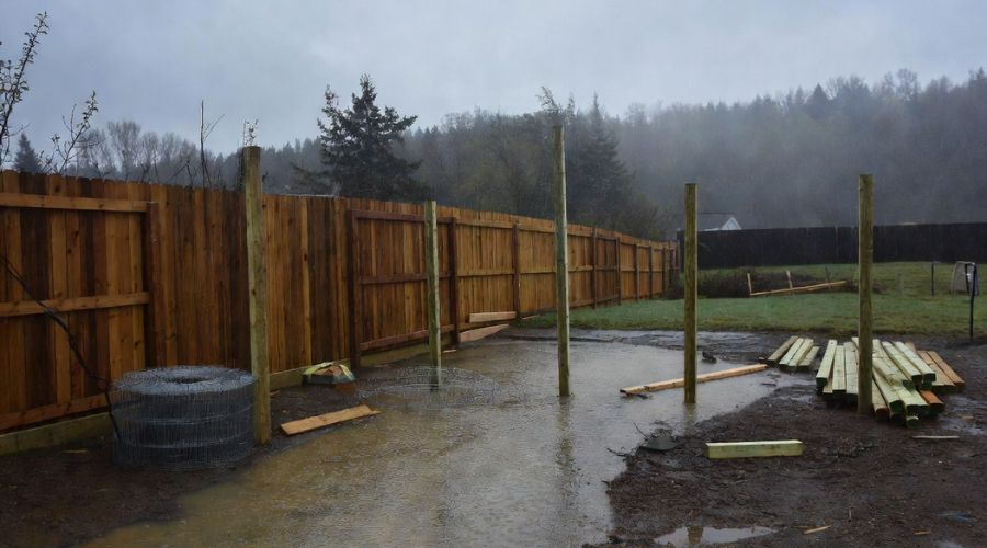 A wooden fence under construction in a yard with scattered building materials and posts on a wet, overcast day.