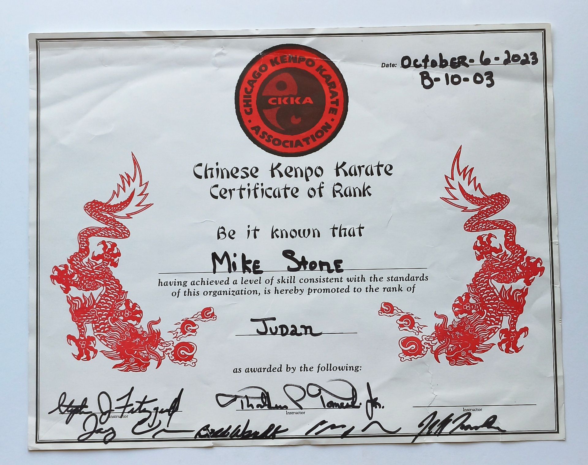 Certificate for Mike Stone from the Chicago Kenpo Karate Association. dated October 6, 2023, and B-10-03
