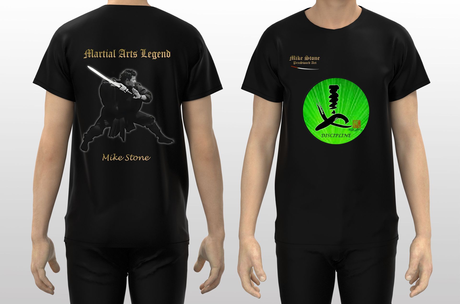 Black t-shirts with martial arts designs: back shows a silhouette wielding a sword.