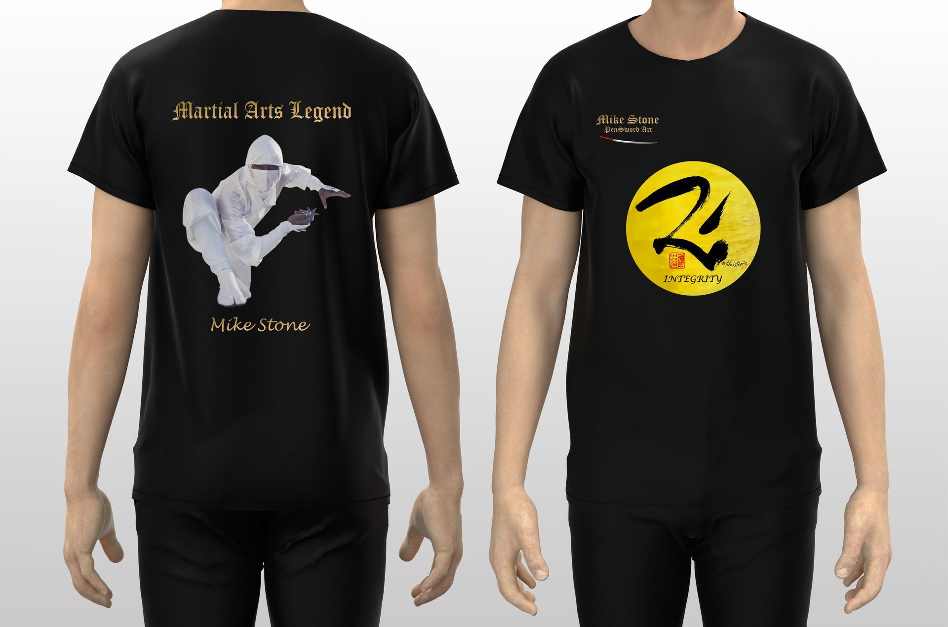 Black t-shirt with a figure in protective gear and text 