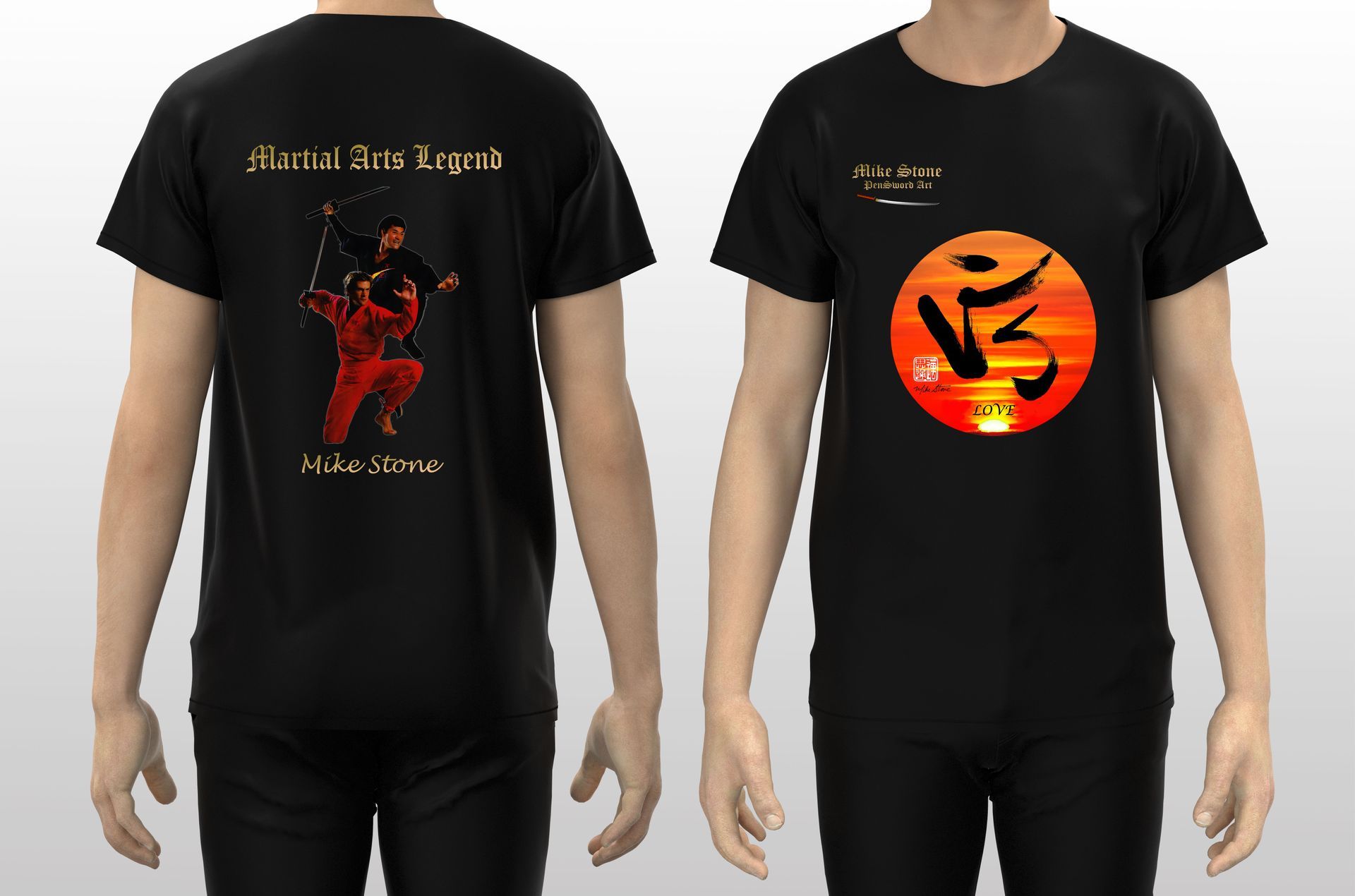 Front and back views of a person wearing a black t-shirt. 