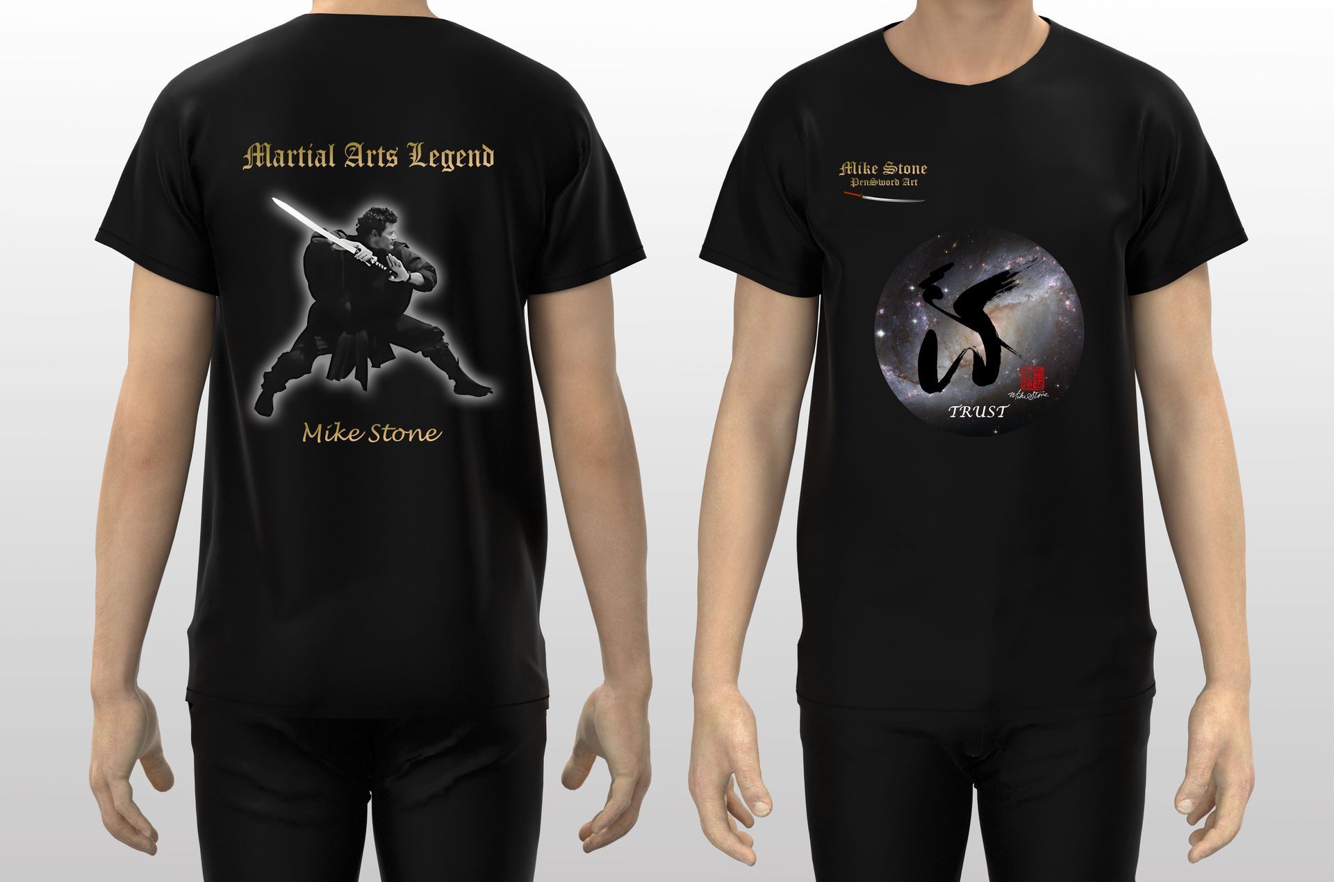 Two black t-shirts on a person.