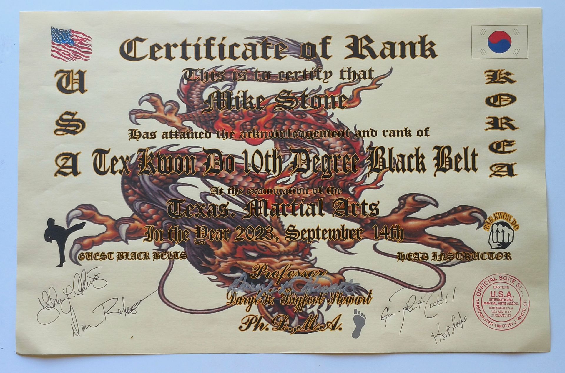 Certificate of rank for Mike Stone, a 10th Degree Black Belt in Texas Kamm Po. 